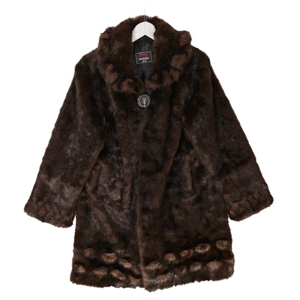 Mangnia Womens Brown Faux Fur Coat Scalloped Hem Portrait Collar Mid Length L